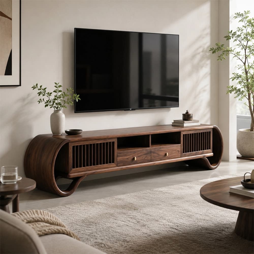 Black Walnut TV Stand with Rounded Edges lifestyle 3