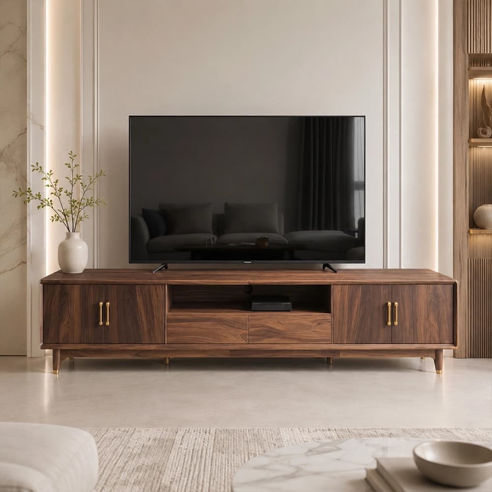 94.5" Mid-Century Modern Solid Wood TV Stand with Drawers