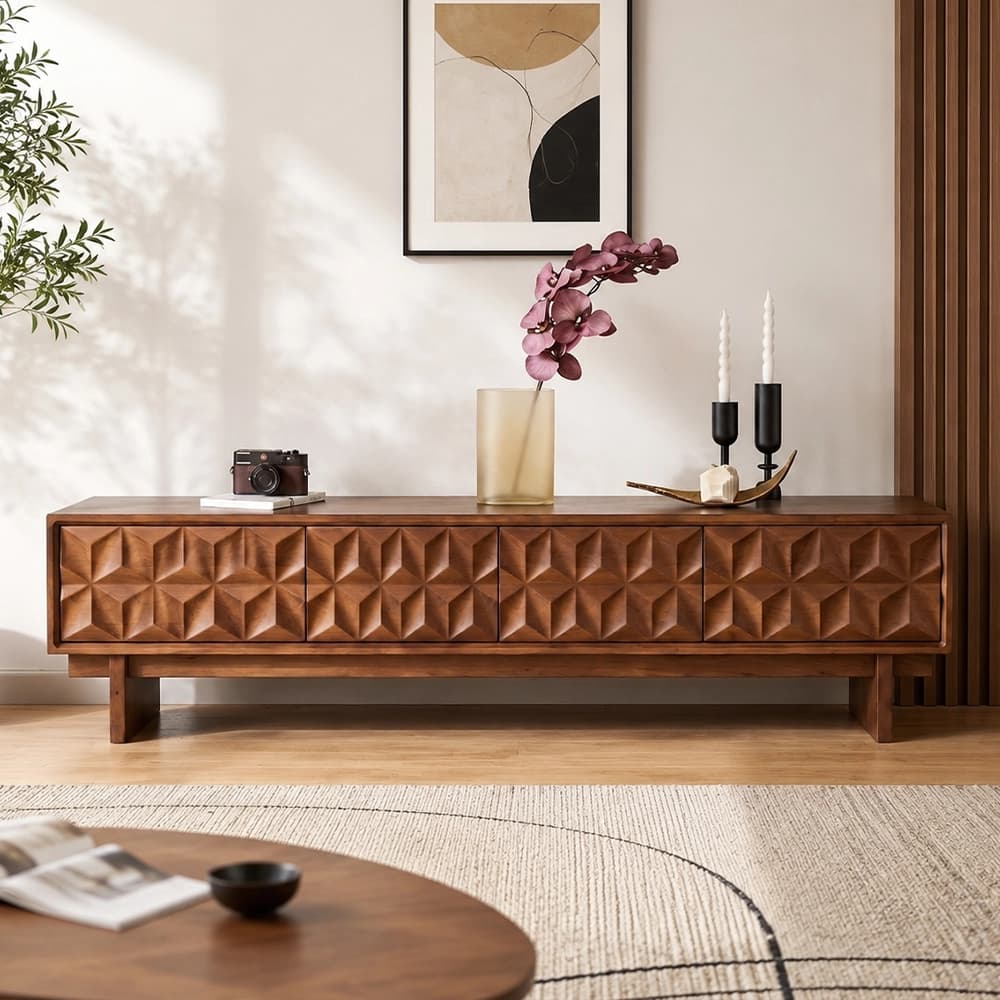 94.5" Contemporary Solid Wood TV Stand with Cabinets