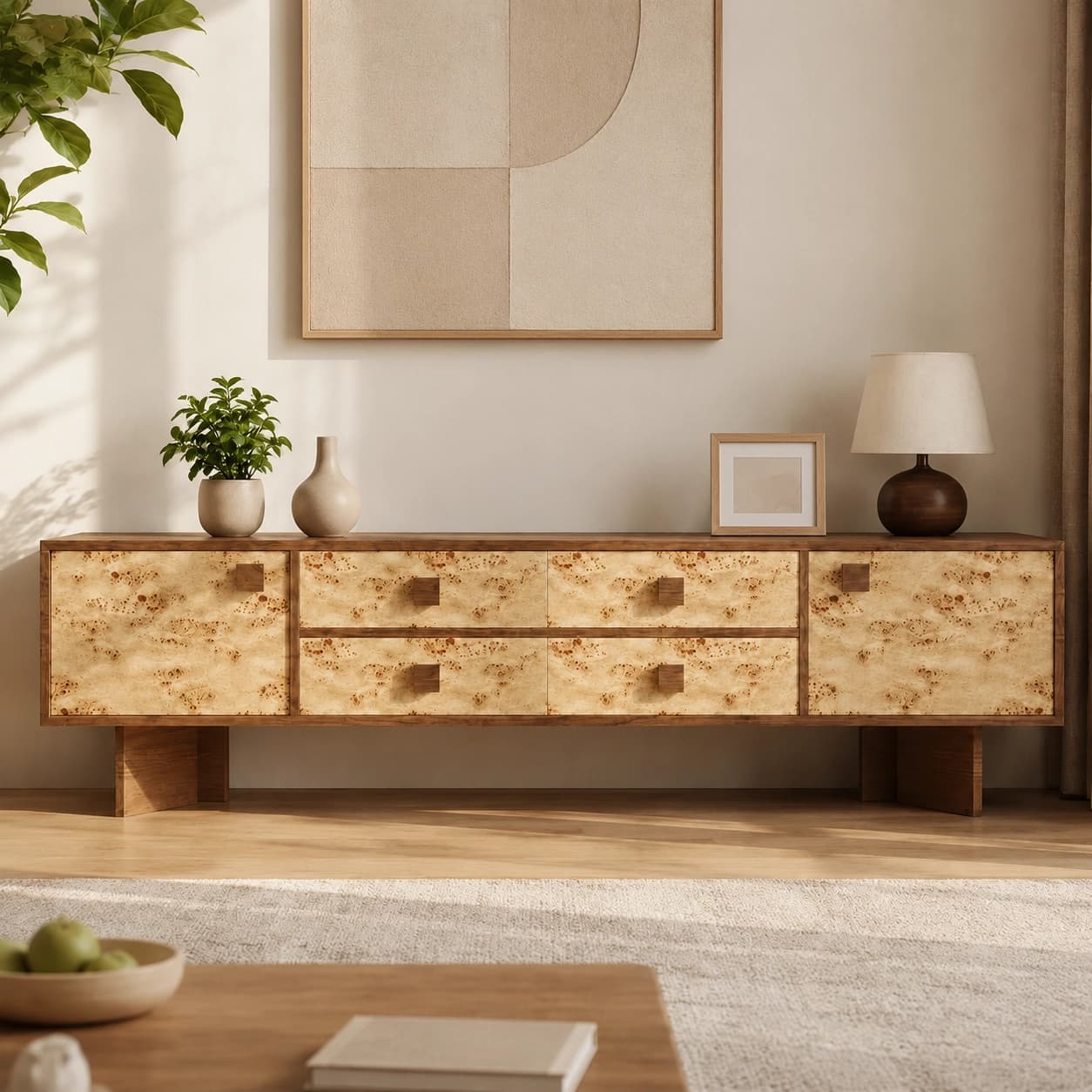 86.6" Organic Modern Engineered Wood TV Stand with Drawers