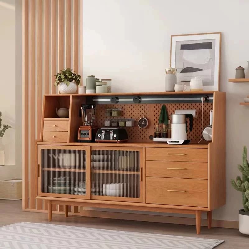 70.9" Scandinavian Solid Wood and Glass Coffee Cabinet with Drawers