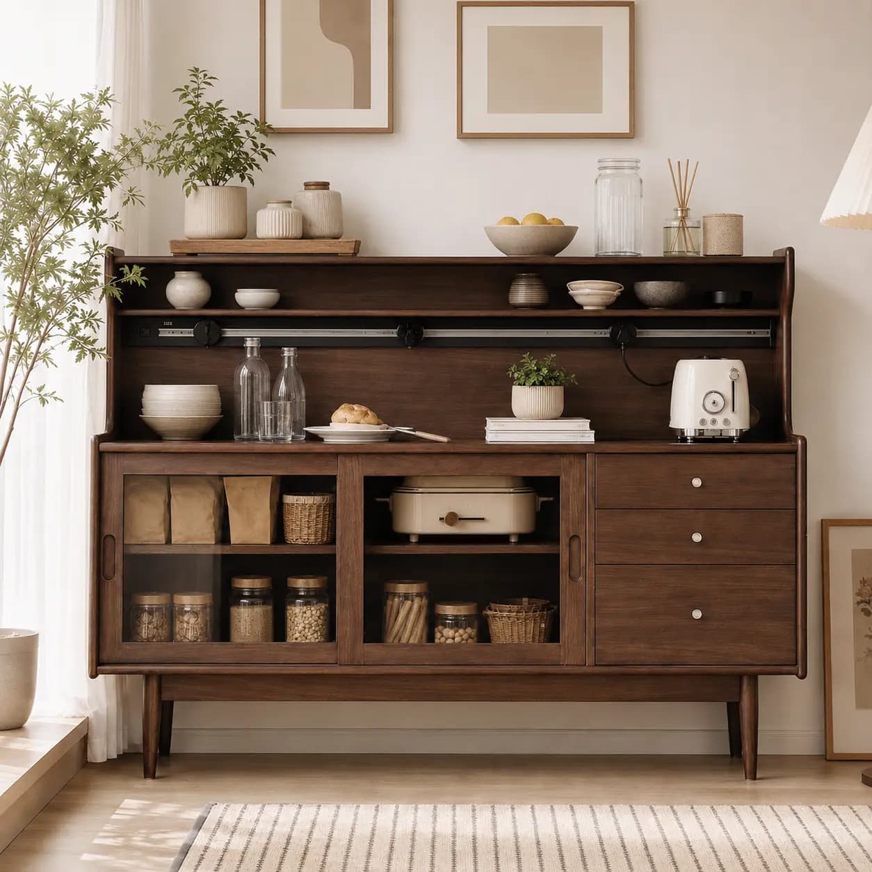 63" Mid-Century Modern Solid Wood and Plywood Coffee Cabinet with Drawers