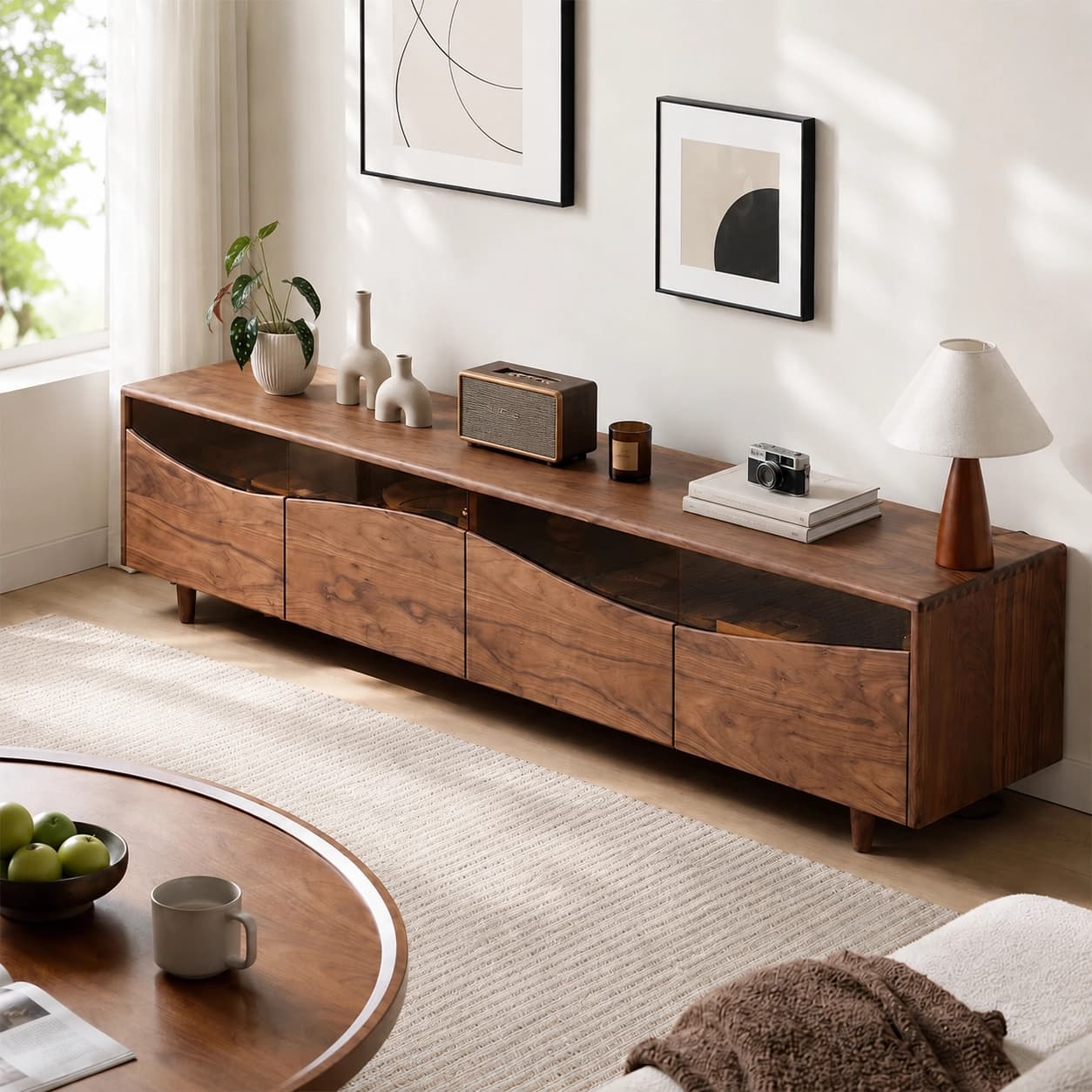 Minimalist Walnut TV Console with Light lifestyle 3