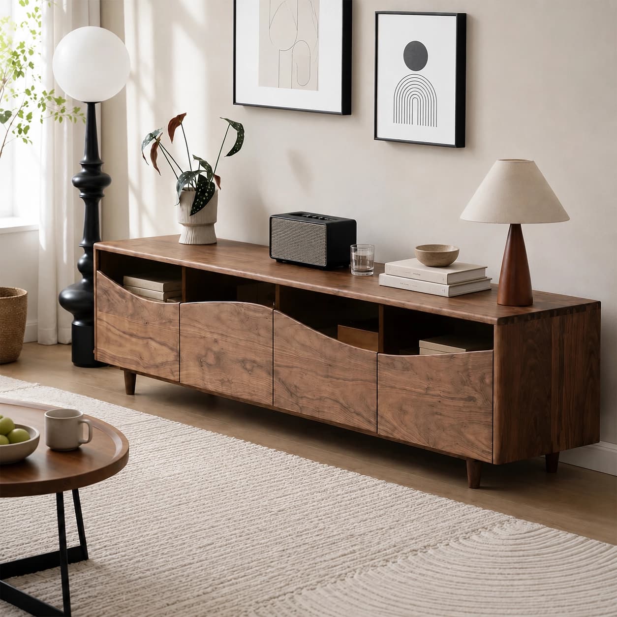 Minimalist Walnut TV Console with Light lifestyle 2