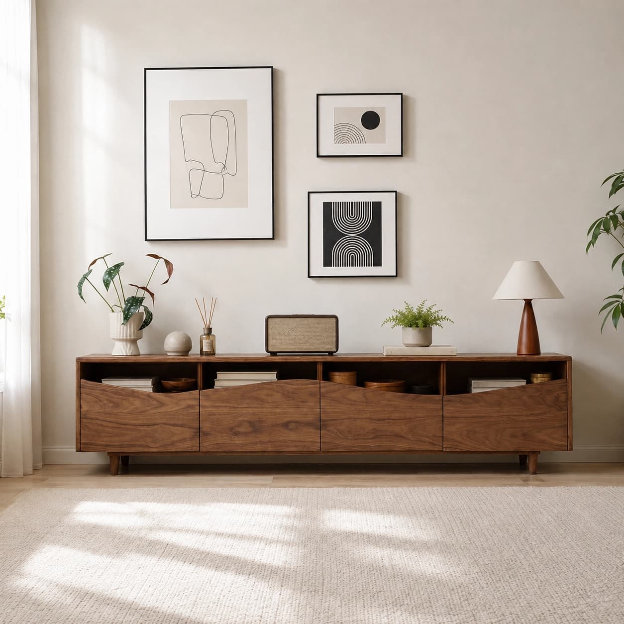 Minimalist Walnut TV Console with Light lifestyle 1