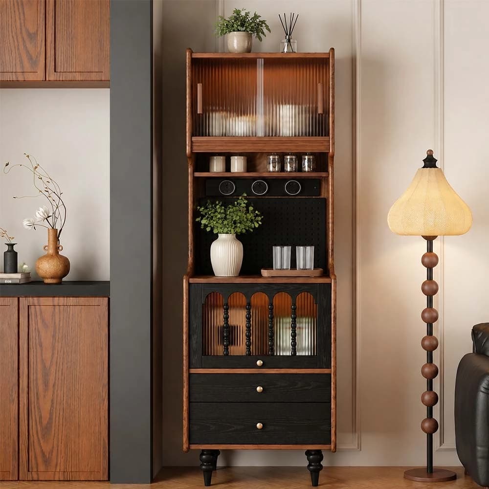 23.6" Japandi Solid Wood and Glass Coffee Cabinet with Drawers