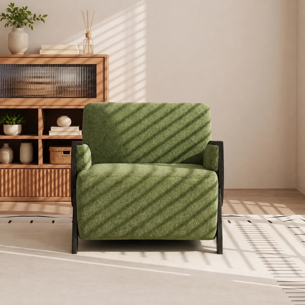Ash Wood Chenille Armchair lifestyle 3