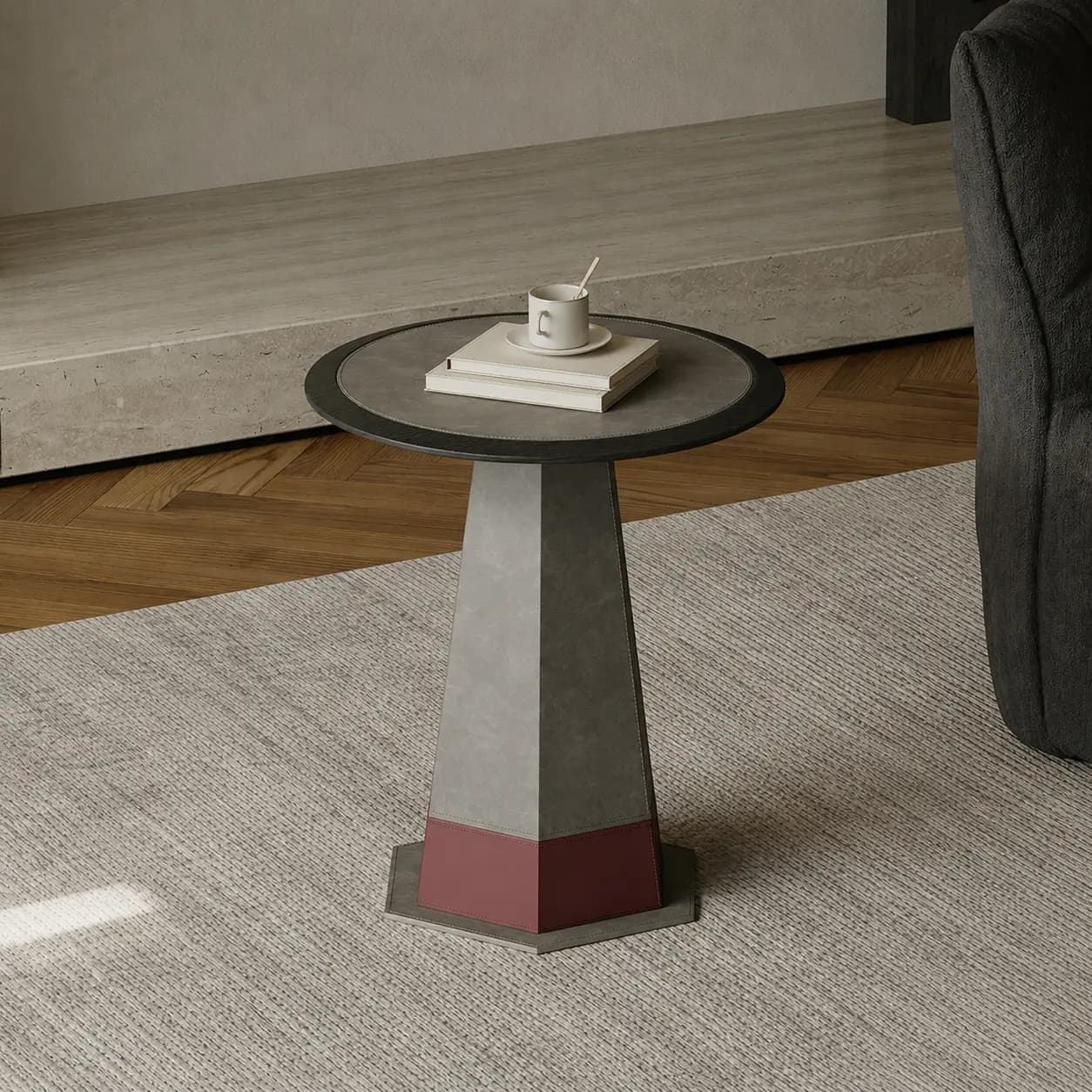 17.7" Luxury Saddle leather Round Side Table