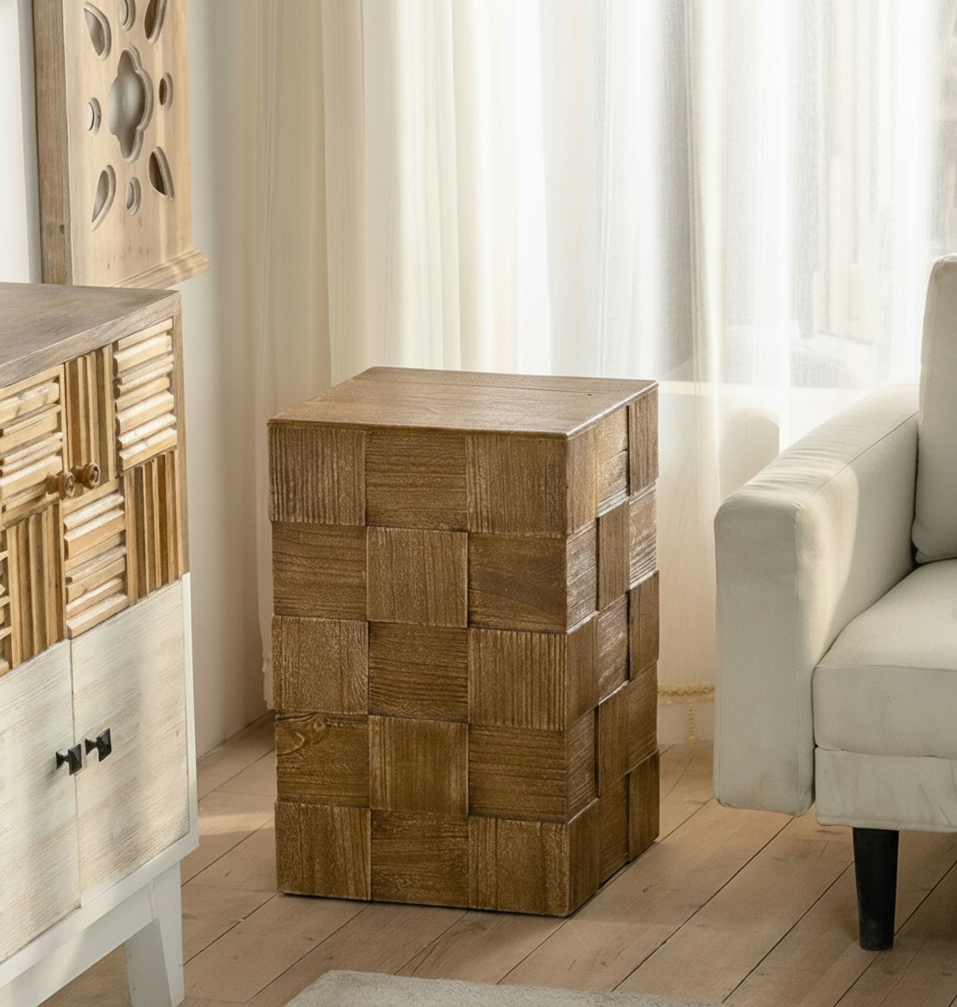 Wabi-Sabi Pine Storage Side Table lifestyle 1