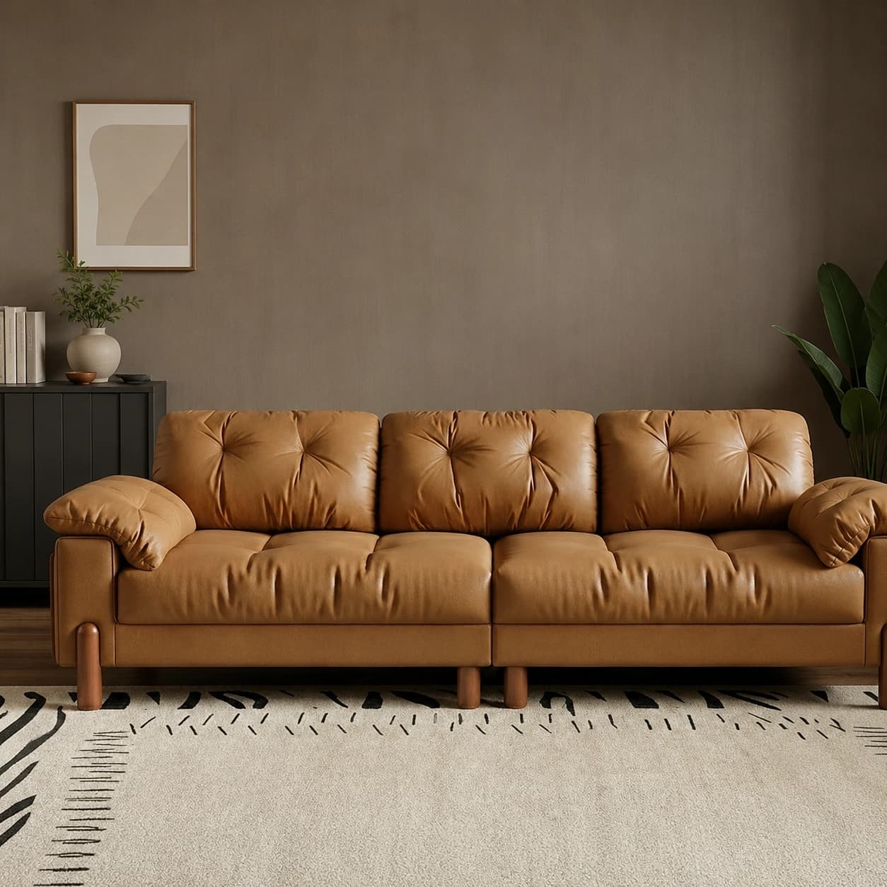 118.1" Mid-Century Modern Leather Tufted Sofa