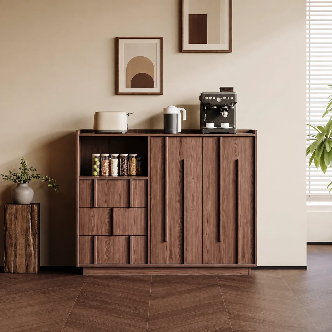 39.4" Japandi Solid Wood Sideboard with Drawers