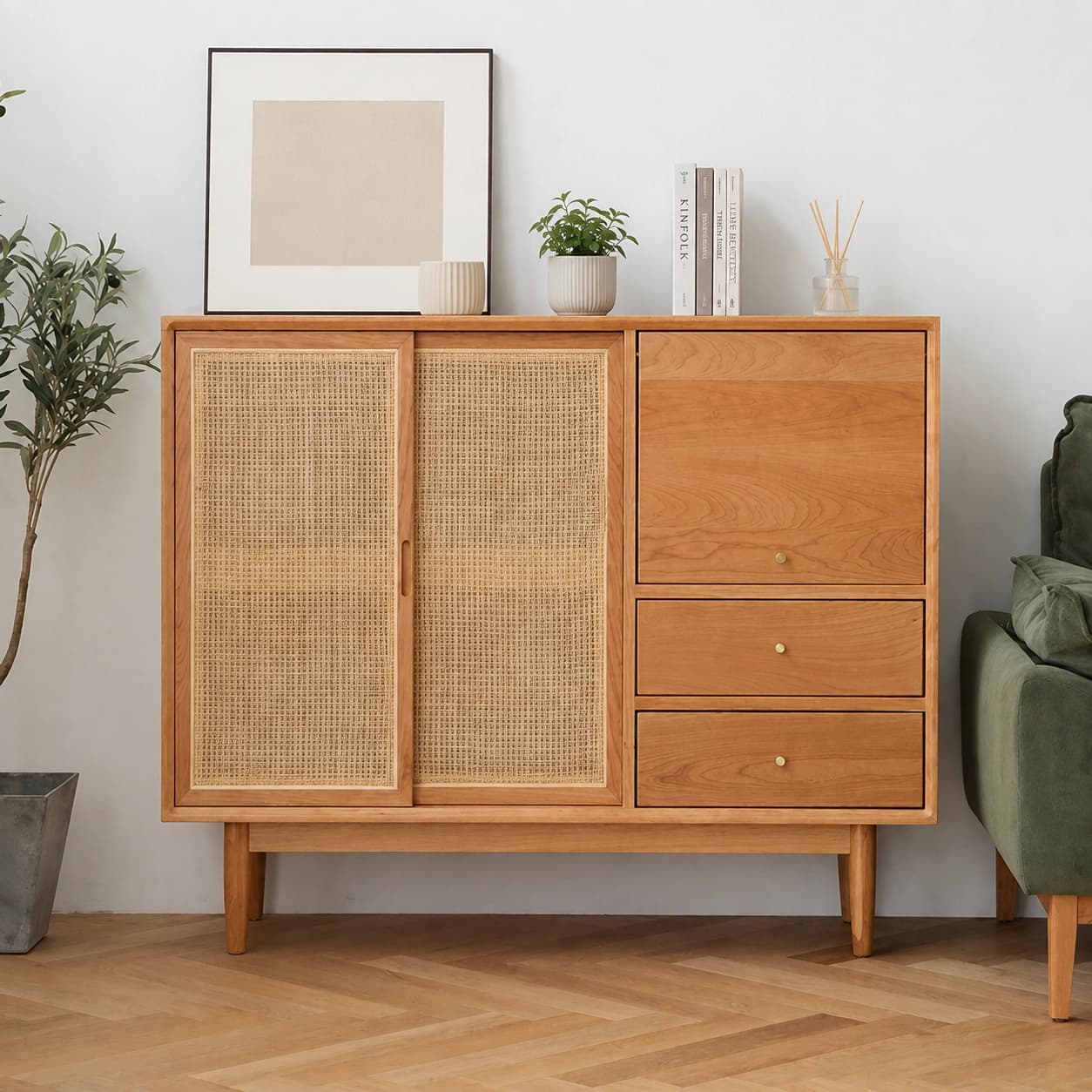 55.1" Mid-Century Modern Solid Wood and Plywood Sideboard with Storage