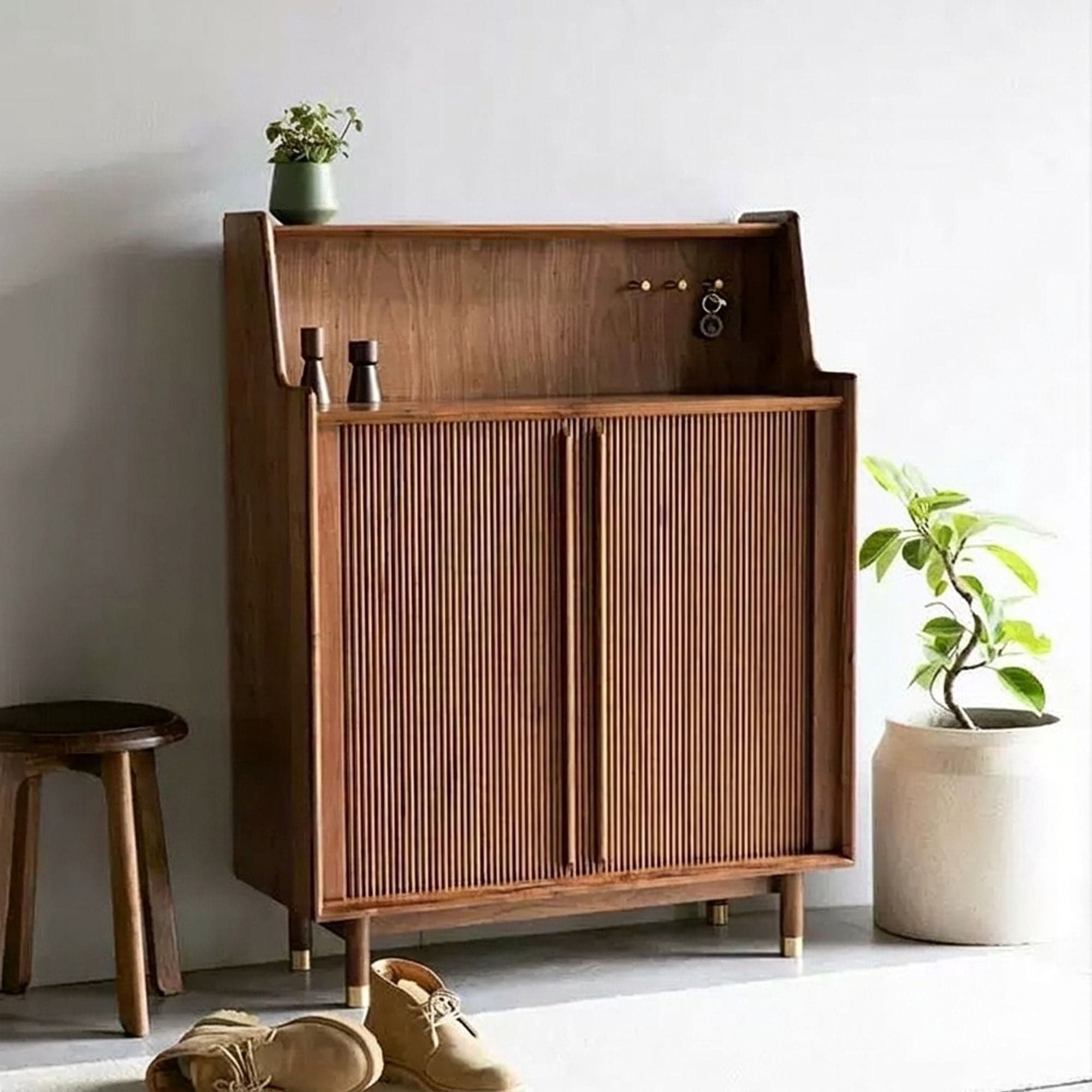 Slatted Black Walnut Shoe Cabinet lifestyle 3