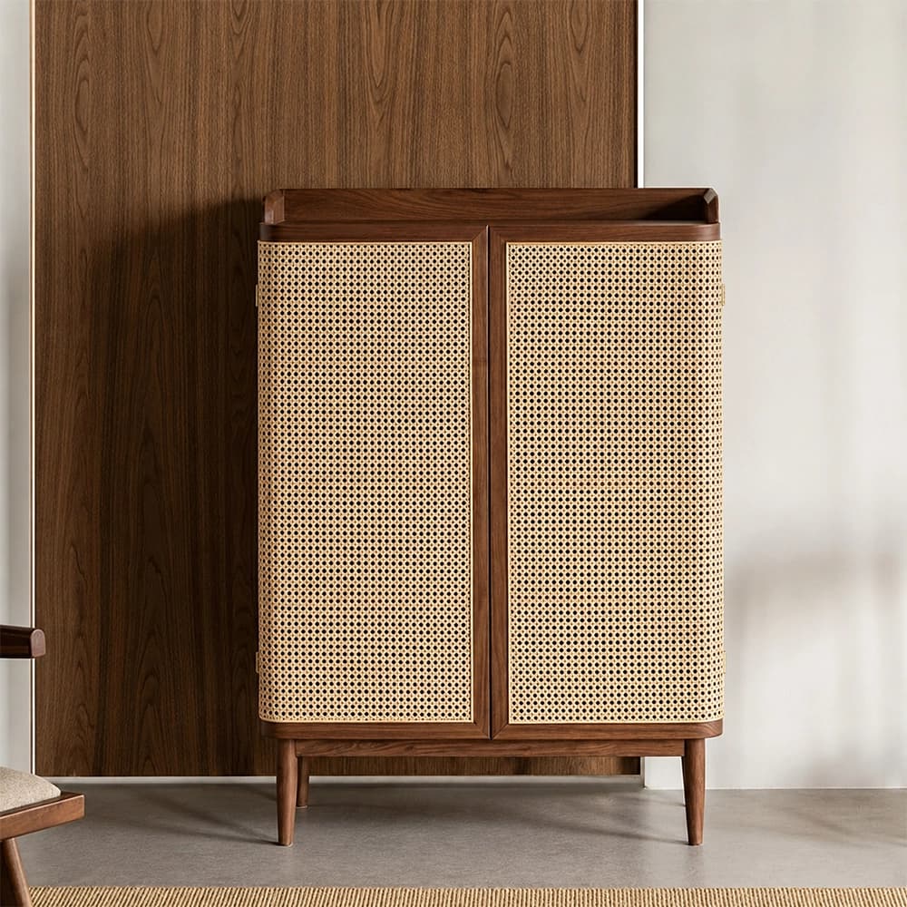33.1" Japandi Solid Wood and Rattan Shoe Cabinet with Doors