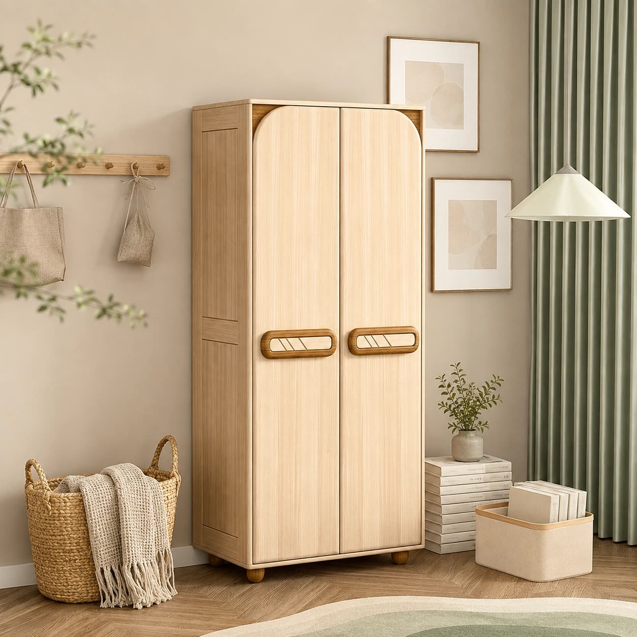 30.9" Japandi Solid Wood Wardrobe & Armoires with Freestanding Storage