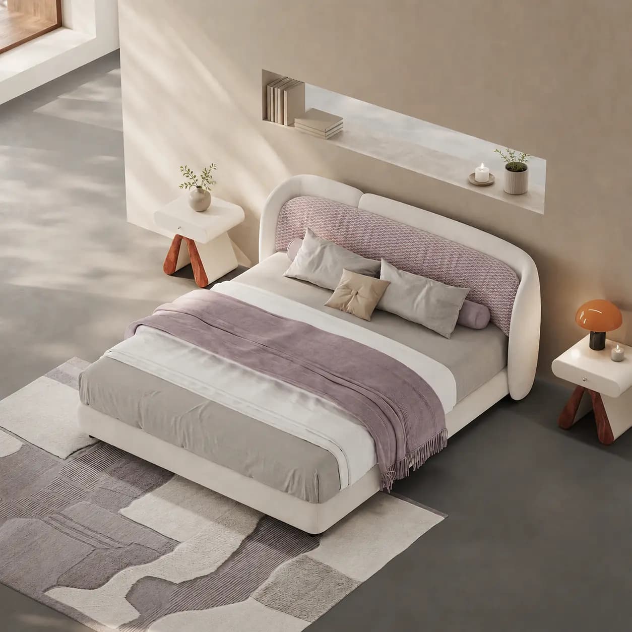Off-White Curved Upholstered Bed lifestyle 1