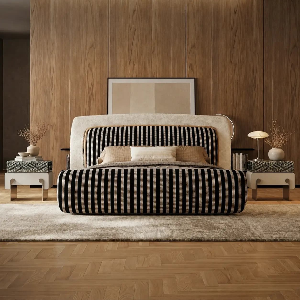 Striped Fabric Upholstered Bed lifestyle 1