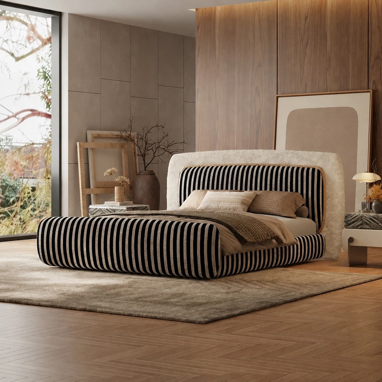 Striped Fabric Upholstered Bed lifestyle 3