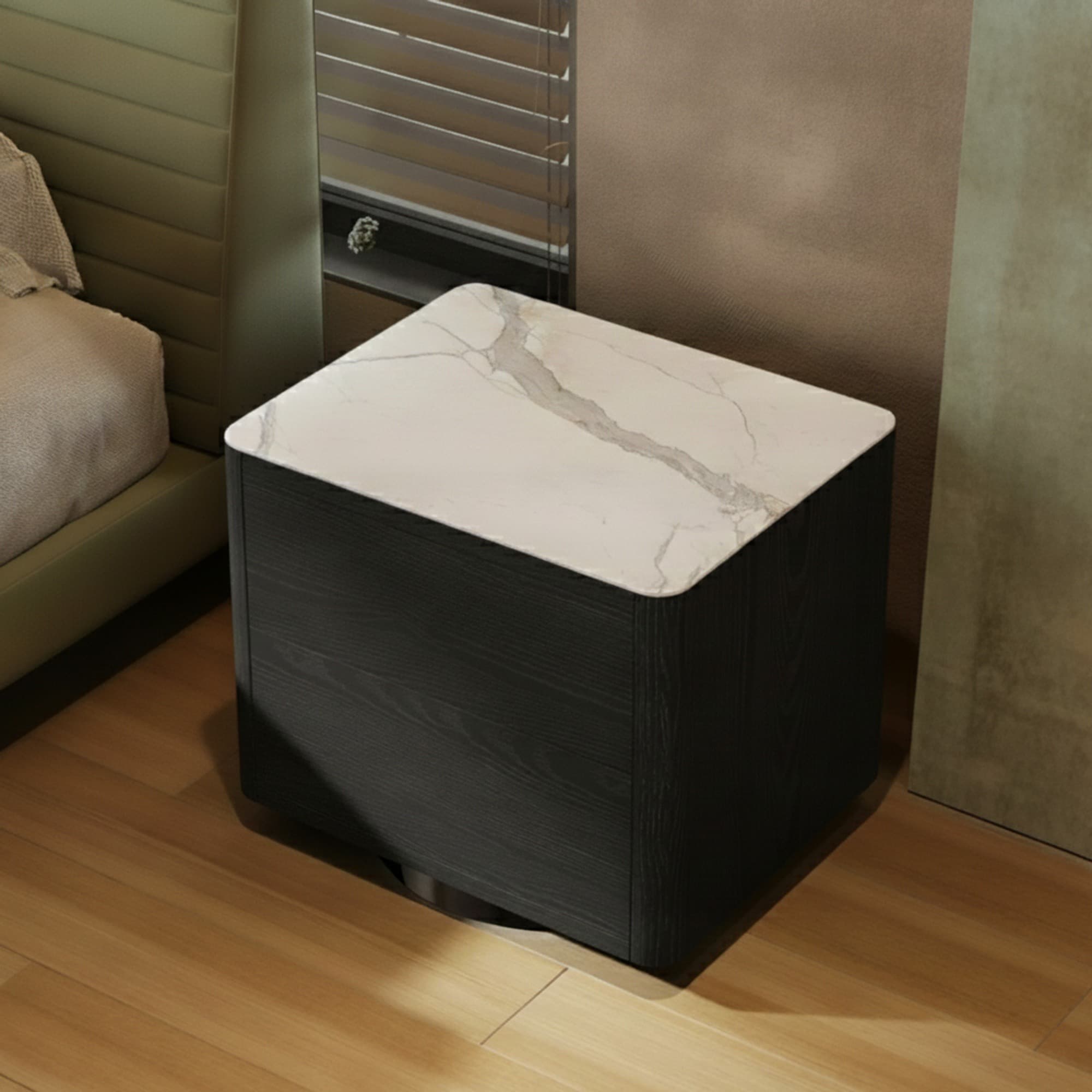 Black Wood Veneer Nightstand lifestyle 1