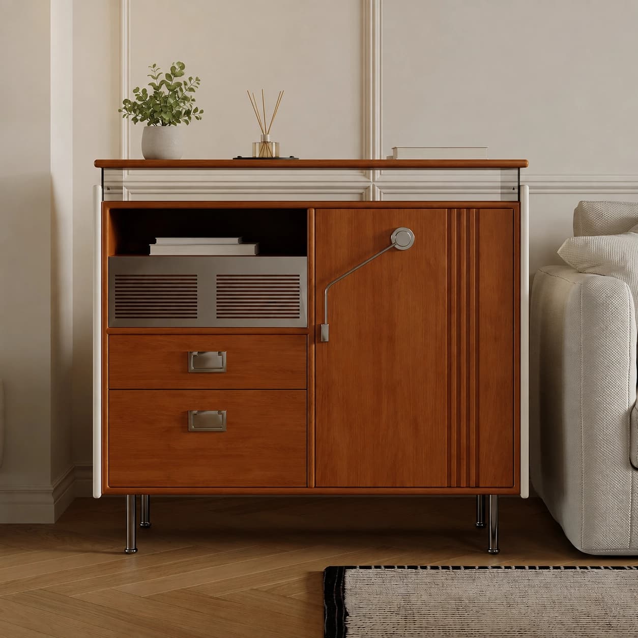 21.6" Mid-Century Modern Solid Wood and Stainless Steel Sideboard with Drawers