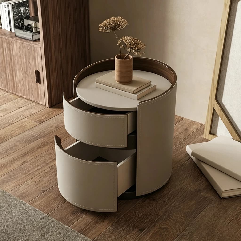 Round Nightstand with Leather Top lifestyle 3
