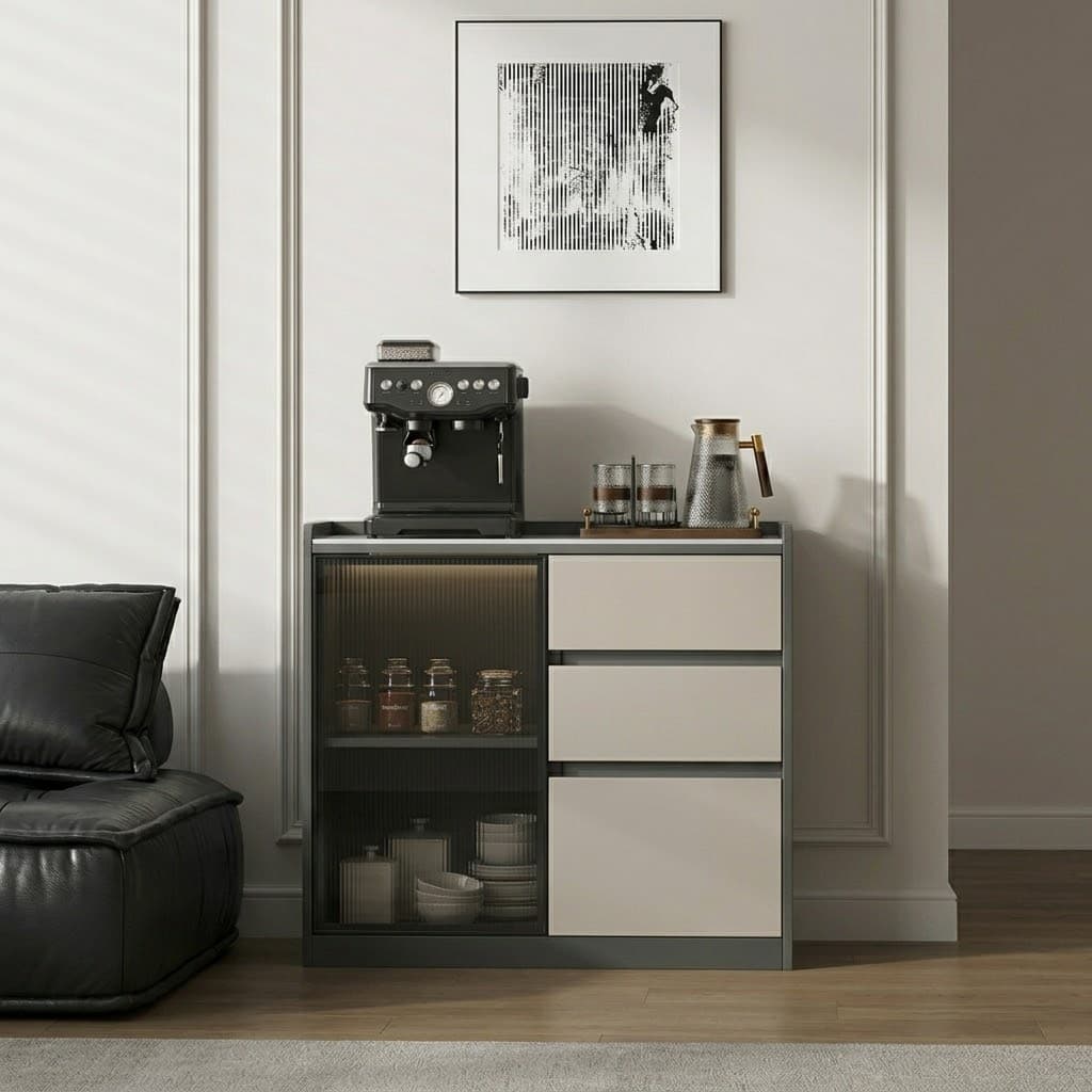 27.6" Modern Plywood and Sintered Stone Sideboard with Drawers