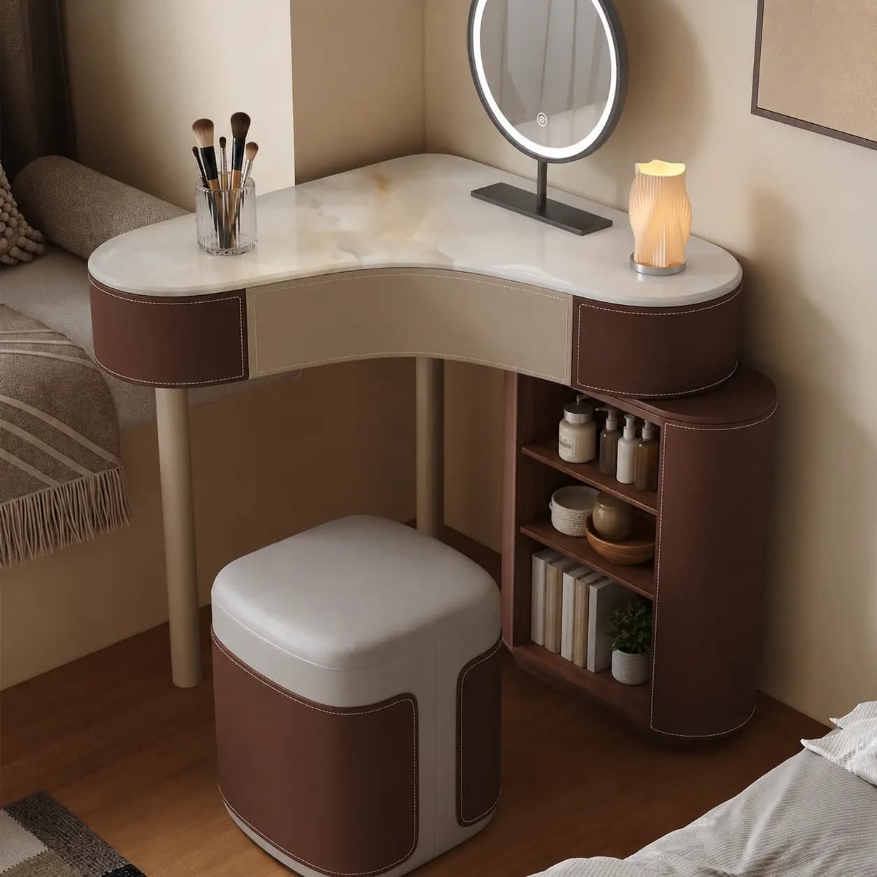 Saddle Leather Corner Vanity lifestyle 1