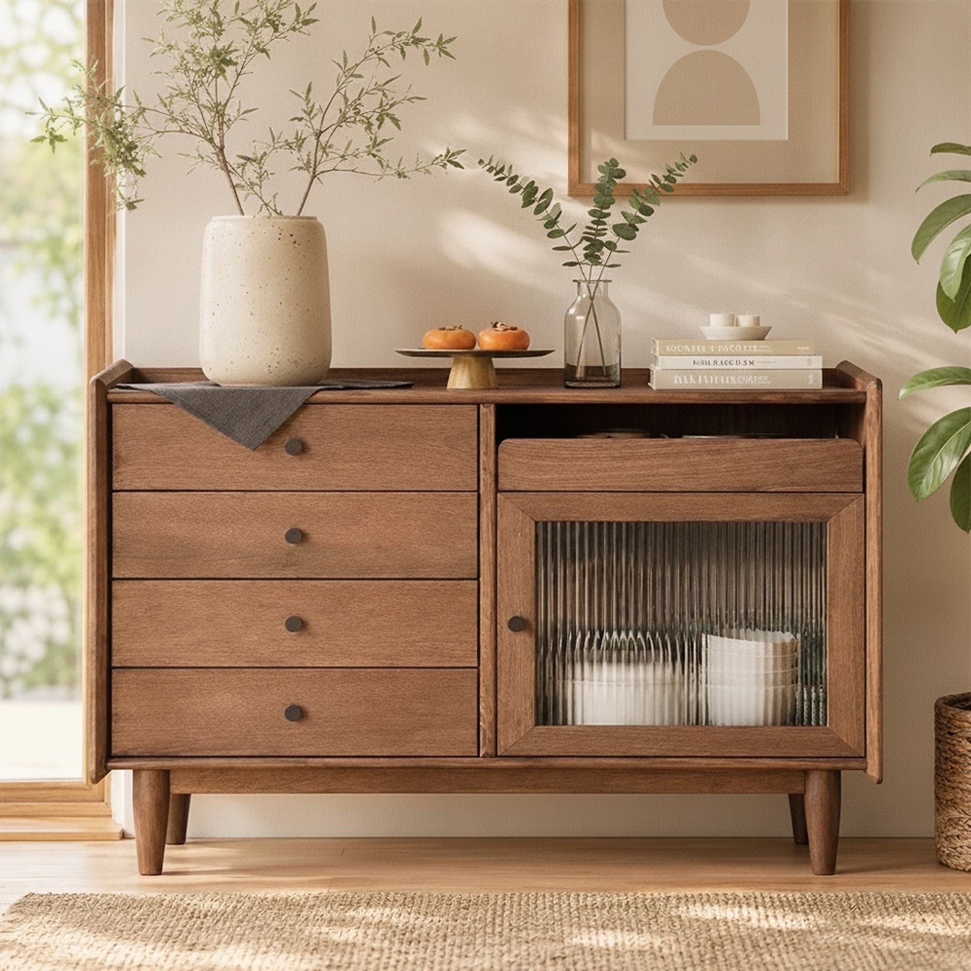31.5" Mid-Century Modern MDF and Sintered Stone Sideboard with Drawers