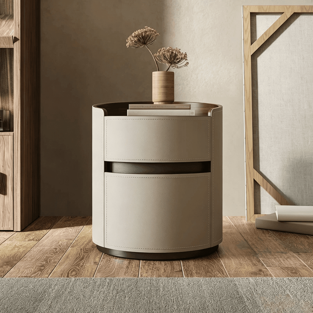 Round Nightstand with Leather Top lifestyle 1