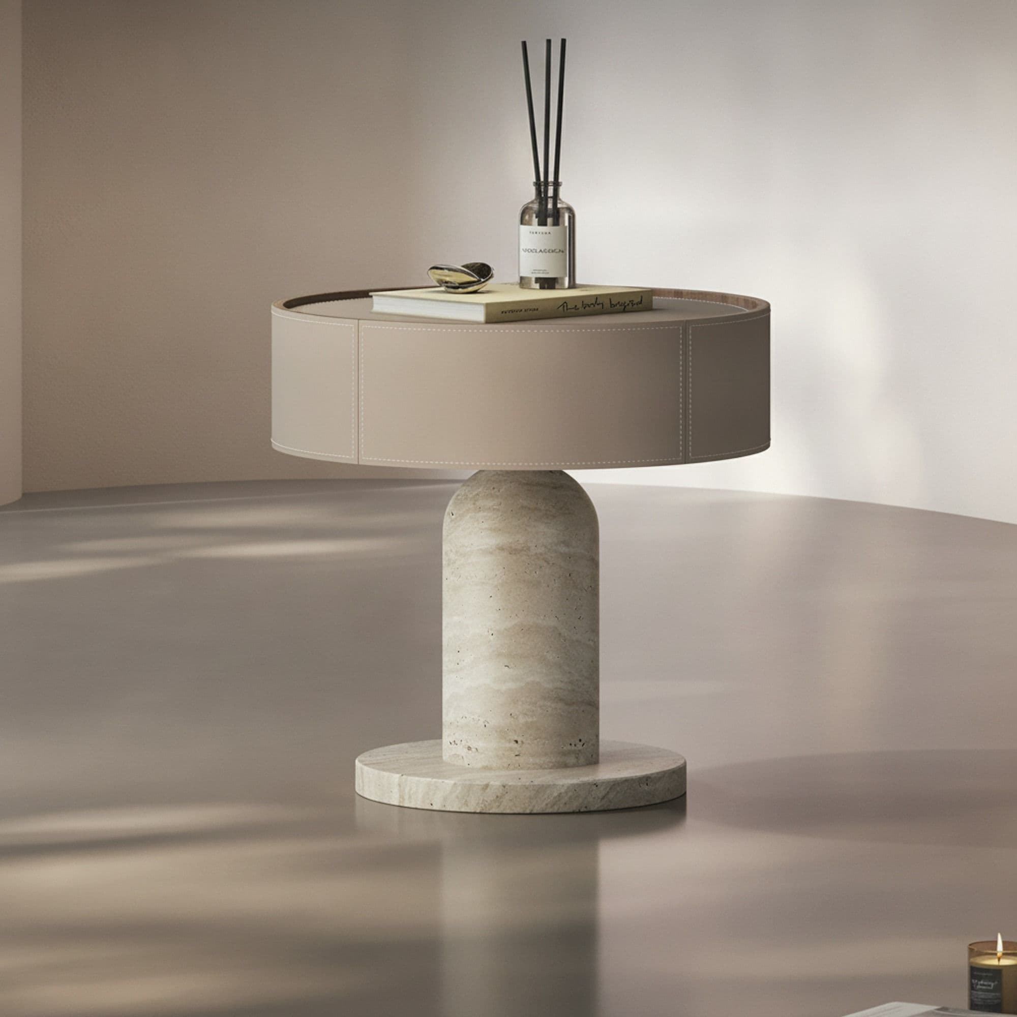 Travertine & Saddle Leather Nightstand lifestyle 1