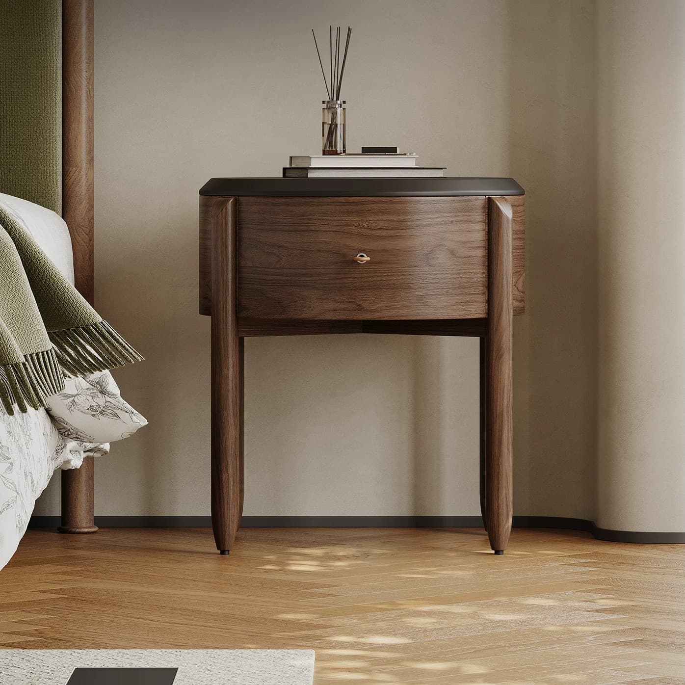 Round Wood Veneer Nightstand lifestyle 1
