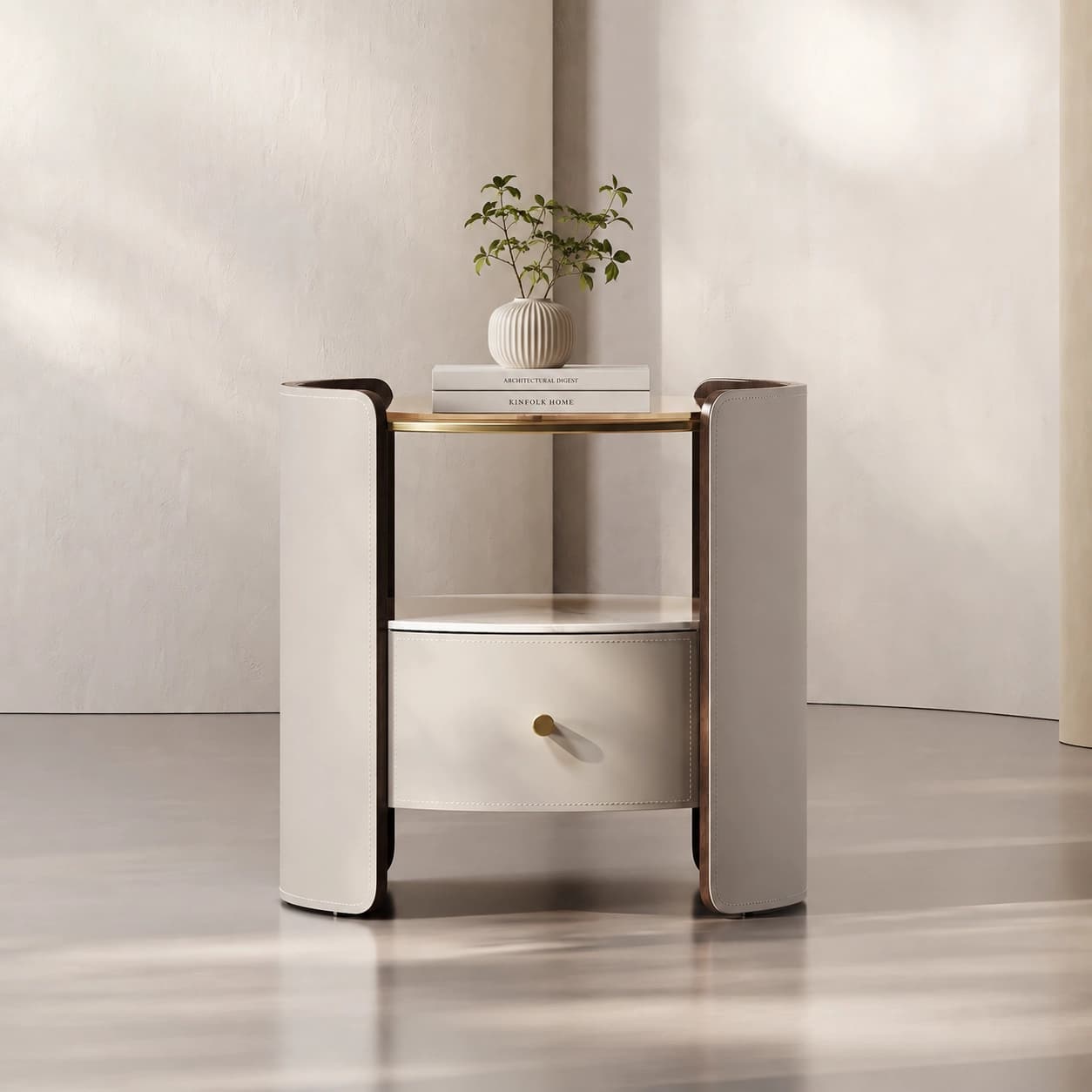 Slab Top Nightstand with Saddle Leather lifestyle 3