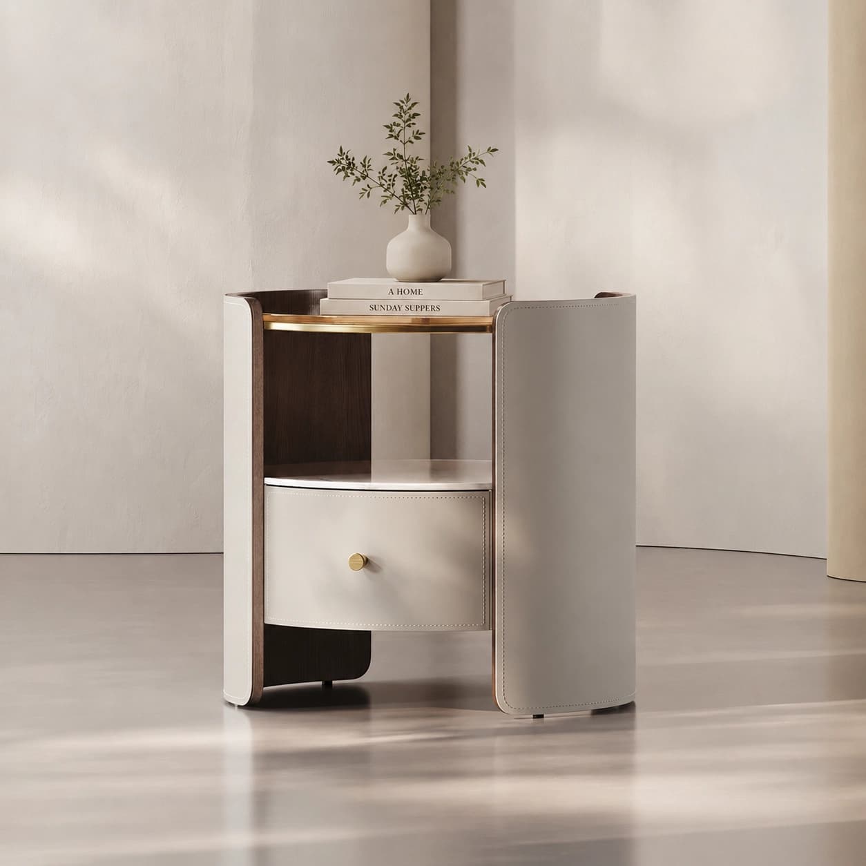 15.7" Luxury Plywood and Saddle Leather Nightstand Open Shelf