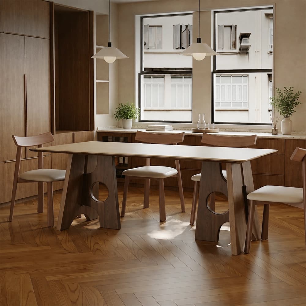 55.1" Japandi Sintered Stone and Ash Wood Veneer Rectangular Dining Table