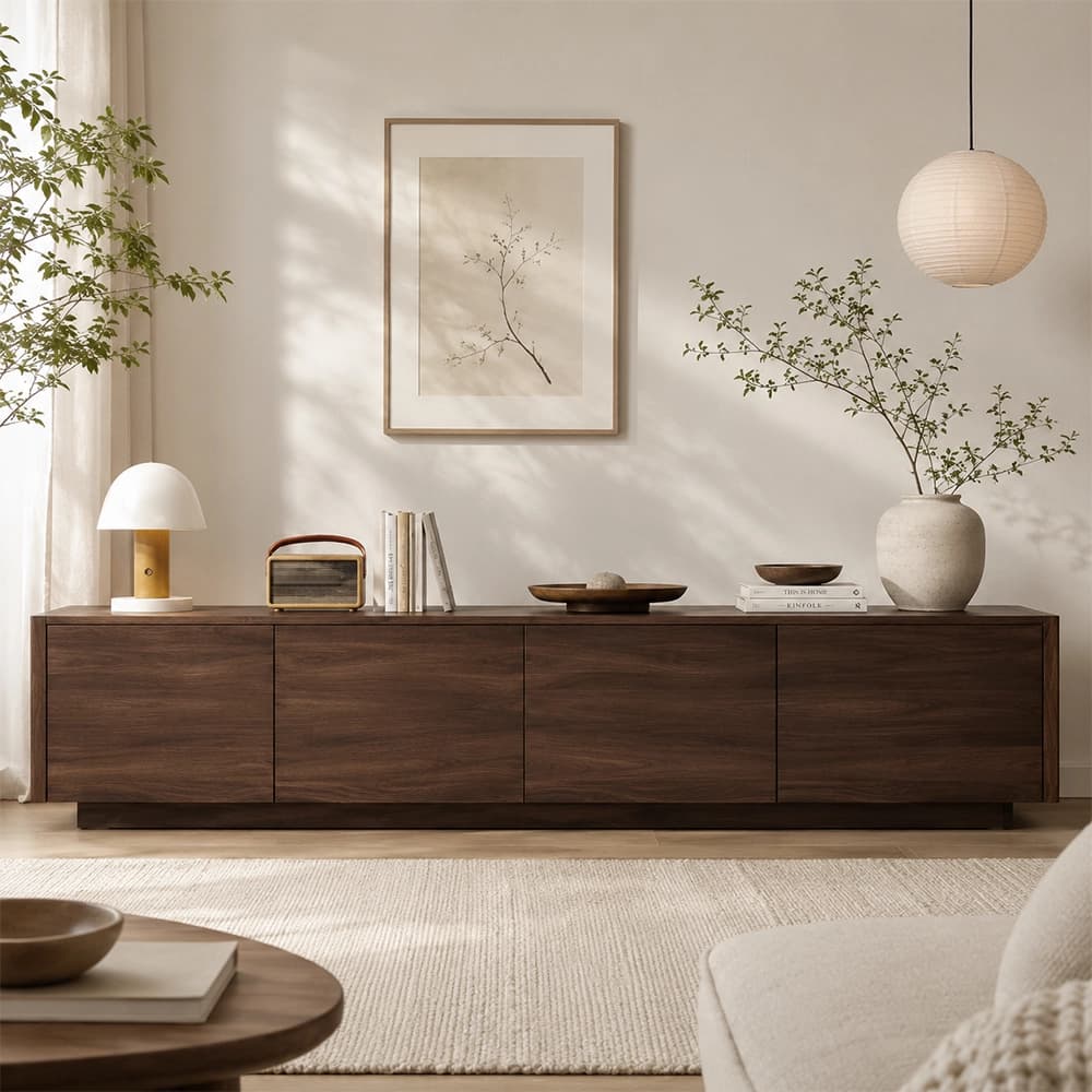 Solid Walnut Minimalist TV Console lifestyle 1