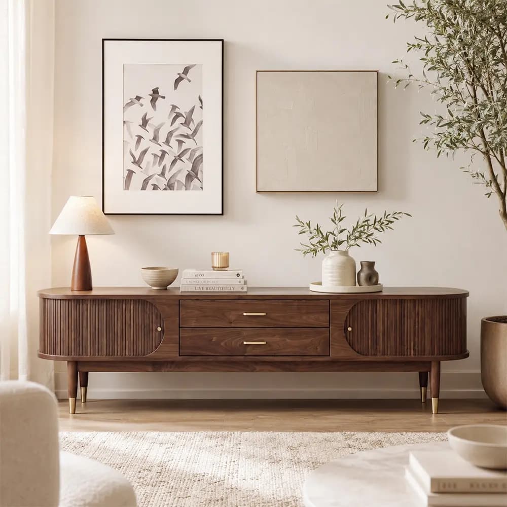 Walnut Media Console with Curtain Doors lifestyle 1