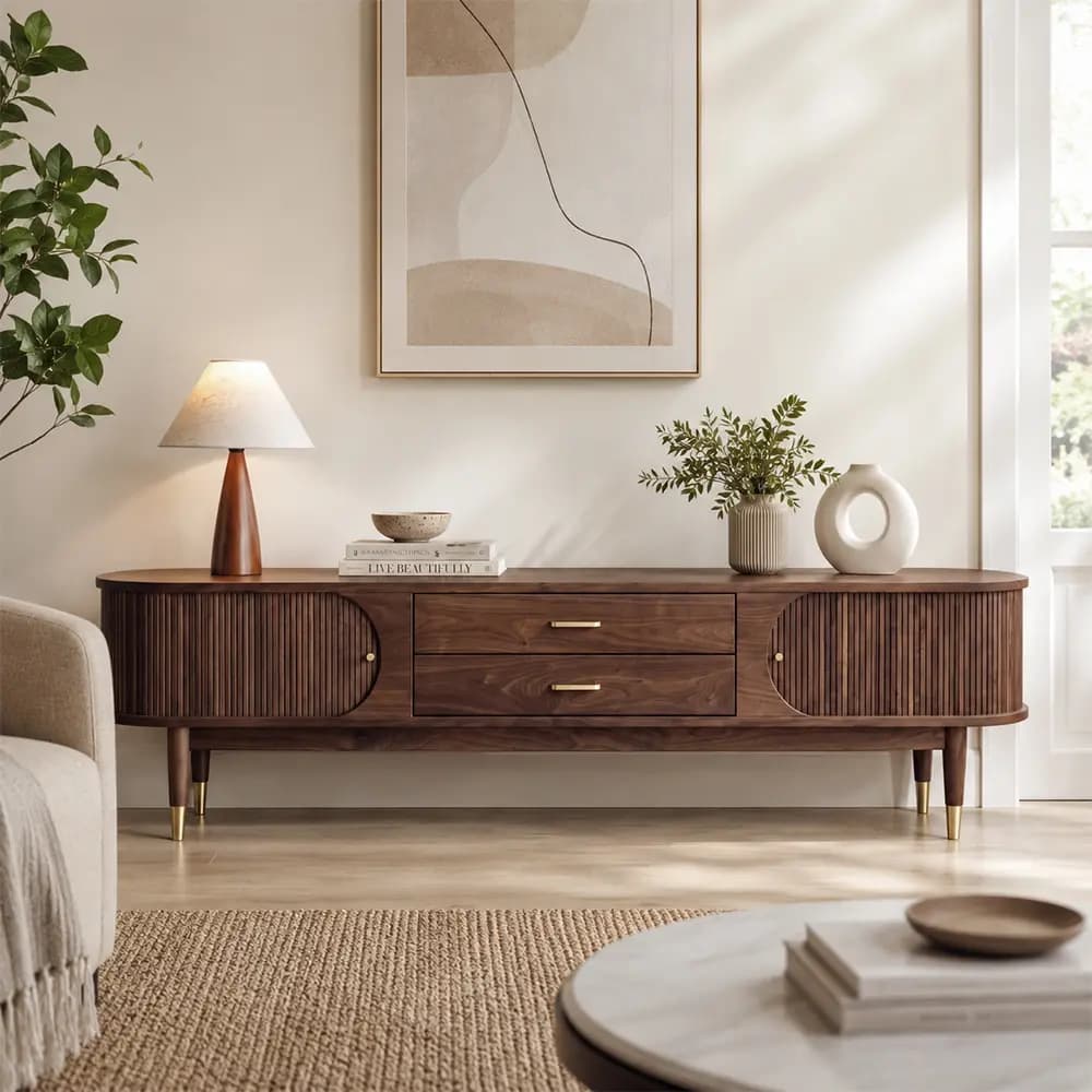 70.9" Mid-Century Modern Solid Wood TV Stand with Drawers