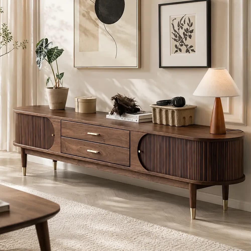Walnut Media Console with Curtain Doors lifestyle 2