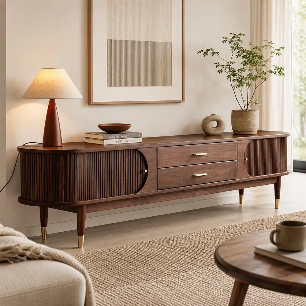 Walnut Media Console with Curtain Doors lifestyle 3