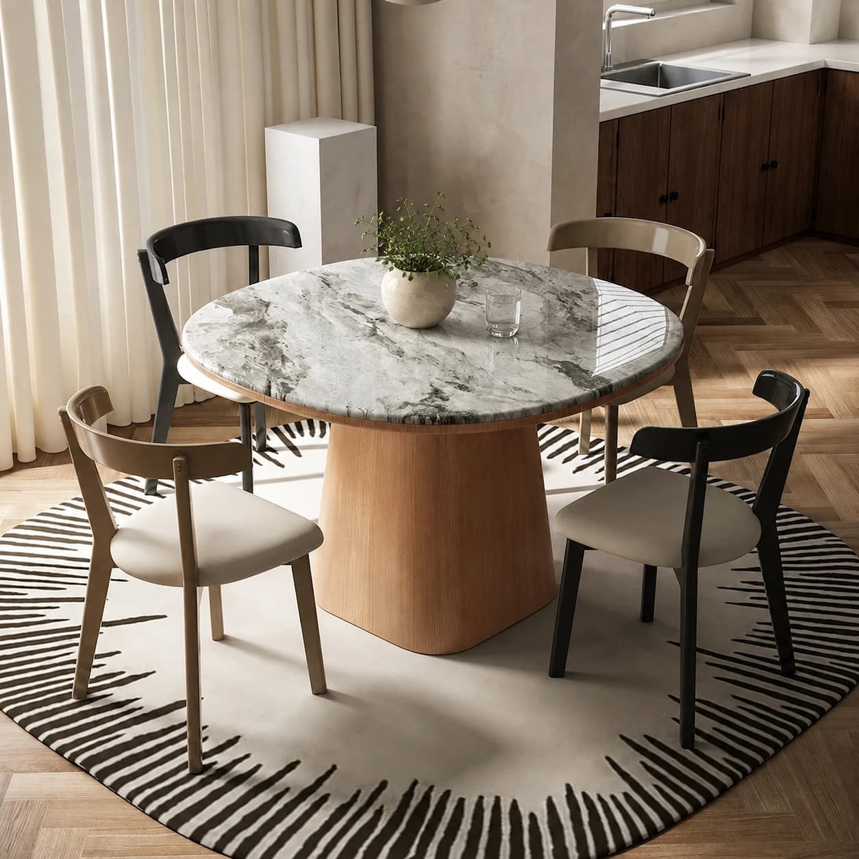 43.3" Organic Modern Marble and Ash Wood Veneer Round Dining Table