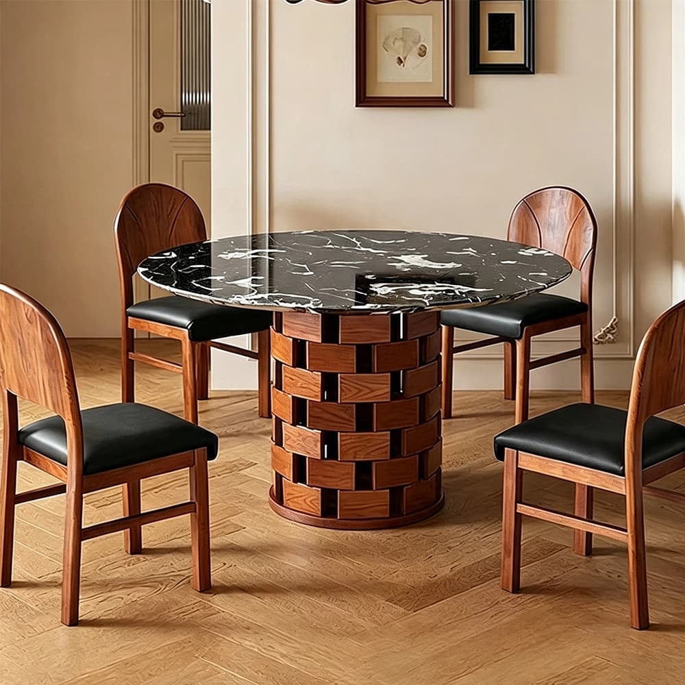 39.4" Organic Modern Marble and Ash Wood Round Dining Table