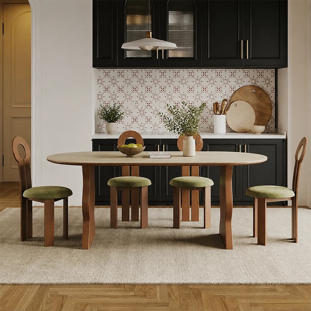 55.1" Organic Modern Sintered Stone and Solid Wood Oval Dining Table