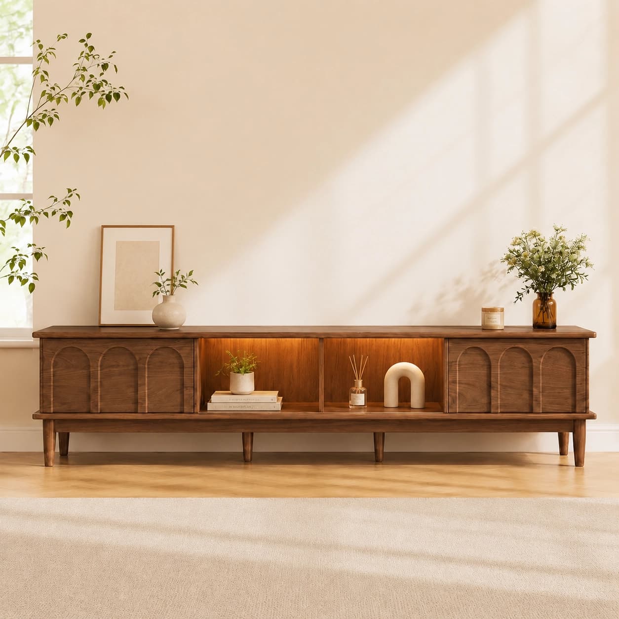 63" Mid-Century Modern Solid Wood TV Stand with Storage