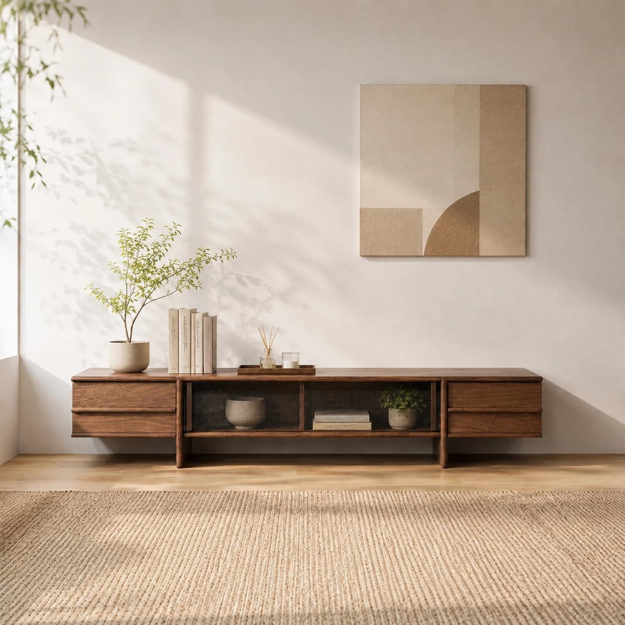 70.9" Japandi Solid Wood TV Stand with Storage