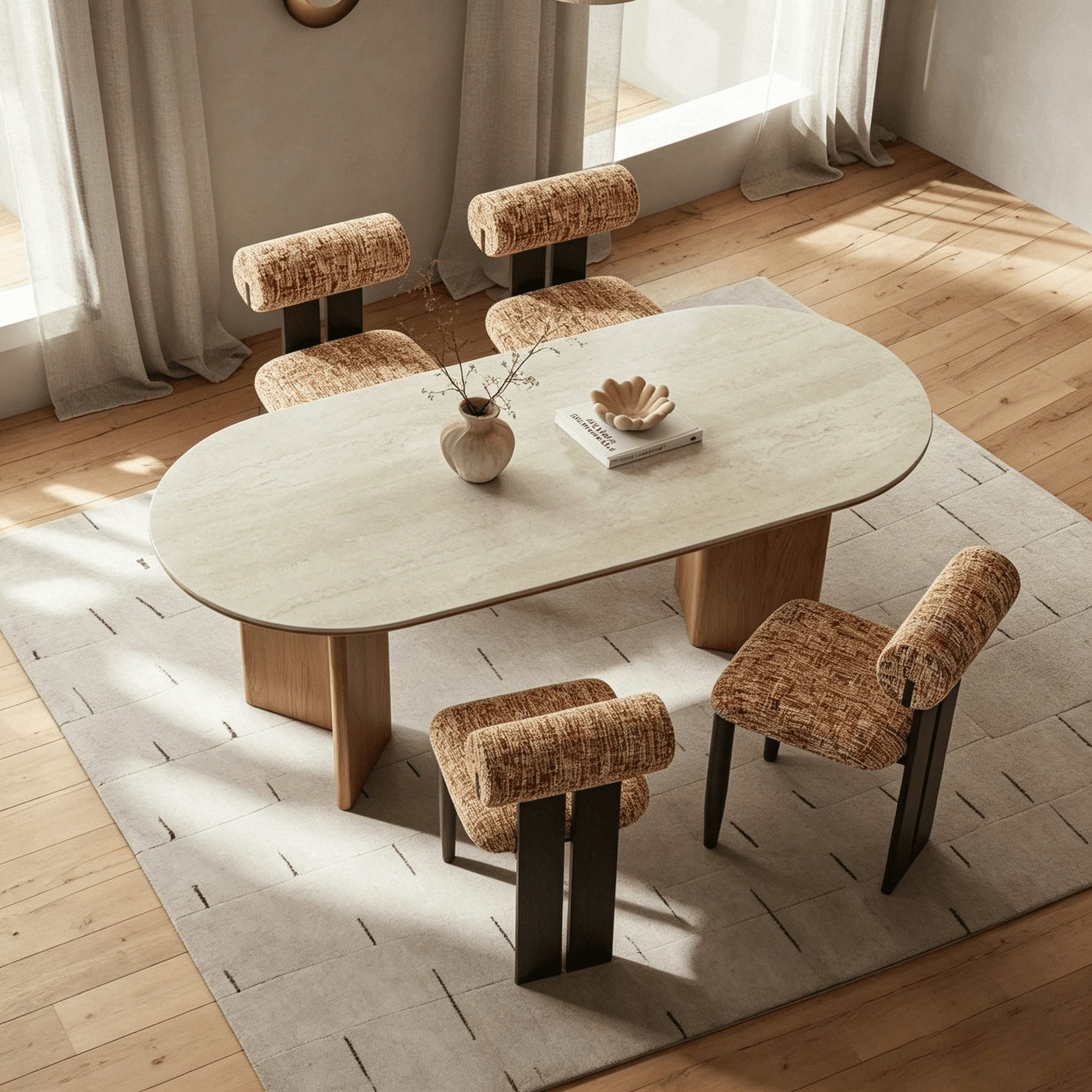 55.1" Organic Modern Sintered Stone and Walnut Veneer Oval Dining Table