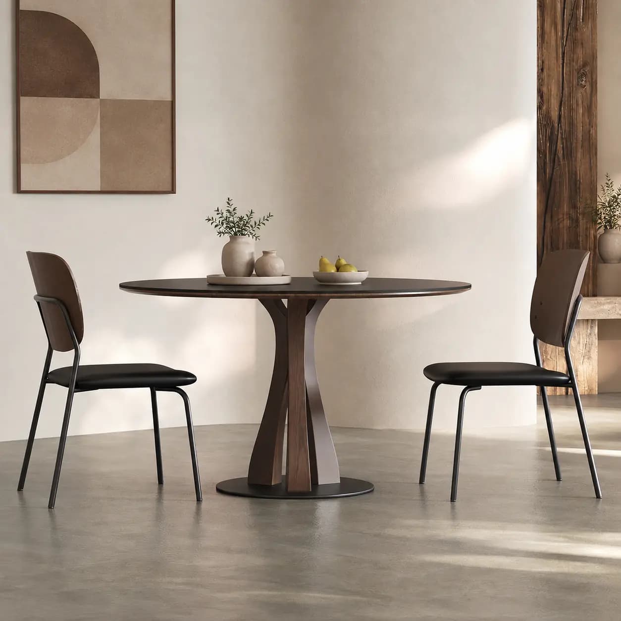 35.4" Organic Modern Sintered Stone and Ash Wood Round Dining Table