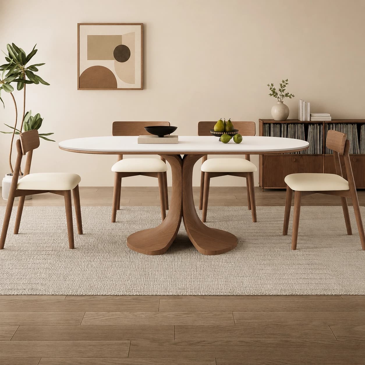 55.1" Mid-Century Modern Sintered Stone and Oak Wood Oval Dining Table