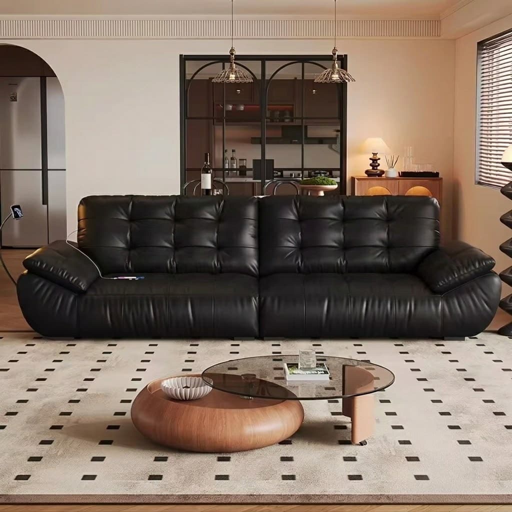 Black Curved Leather Cloud Sofa lifestyle 1