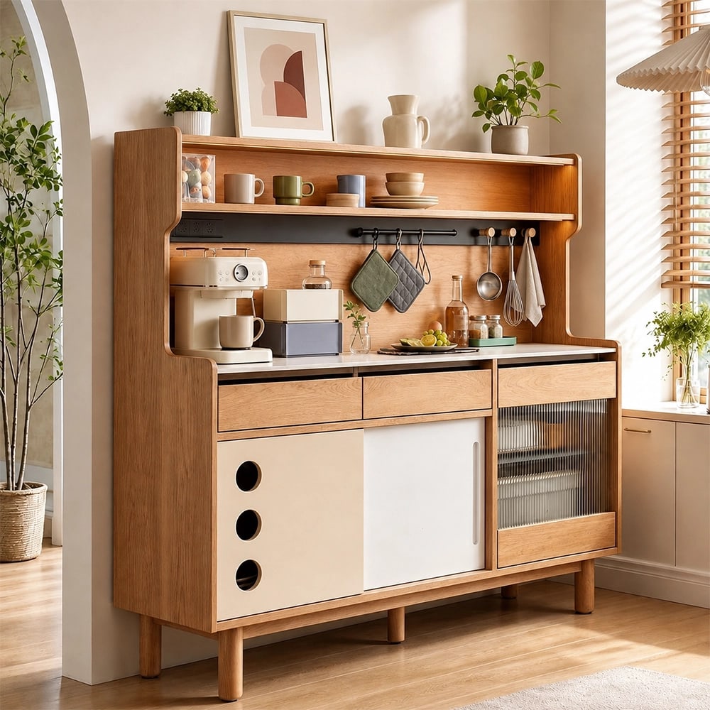 47.2" Scandinavian Sintered Stone and Solid Wood Coffee Cabinet with Open Shelf detail image 3