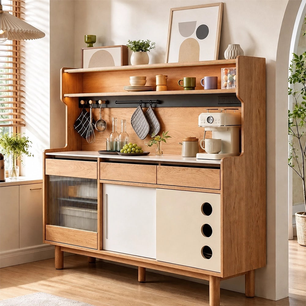 47.2" Scandinavian Sintered Stone and Solid Wood Coffee Cabinet with Open Shelf detail image 2